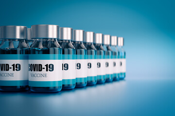 Covid 19 Vaccine ampoules, Coronavirus vaccine treatment on light blue background. 3d render illustration