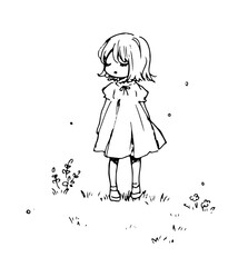 草原に立つ女の子のイラスト　ペン画　落書き
