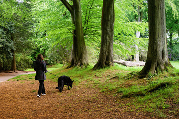 Young woman walking with dog in park.