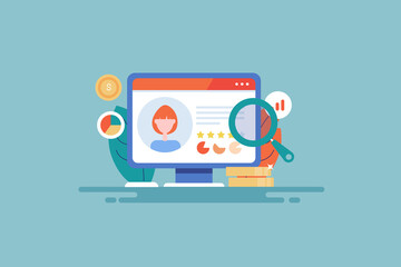 Customer profile analysis on computer screen. Customer management software displaying customer profile data, information and statistics. Vector illustration.