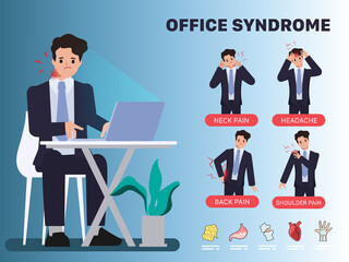 Office syndrome infographic with businessman pain symptoms.