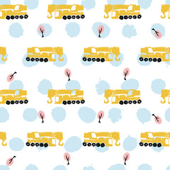 Vector white pastel pen skech rows of cute construction crane seamless pattern with light blue polka dots. Suitable for textile, gift wrap and wallpaper.