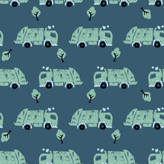 Vector dark blue pen skech rows of cute green garbage trucks seamless pattern. Suitable for textile, gift wrap and wallpaper.