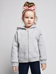 Portrait of pretty kid blonde girl in gray hoodie with zipper and pockets and headband standing still looking at camera over light background