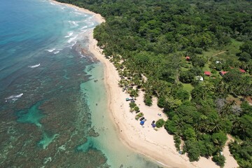 Lush tropical Caribbean Coast of Limon in Costa Rica -aerial views of Cocles, Punta Uva, Playa Chiquita and Puerto Viejo