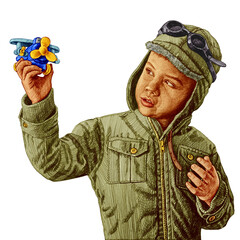 Holds a model airplane in his hands. The boy is playing pilot. Isolated on a white background.