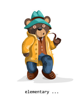 Vector image of a soft toy bear, depicted alive with a hint of humanity, with a smoking pipe in a hat and coat. Concept. EPS 10
