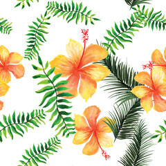 Golden Seamless Leaf. Green Pattern Vintage. White Tropical Design. Natural Flower Botanical. Organic Garden Design. Wallpaper Foliage. Drawing Background.