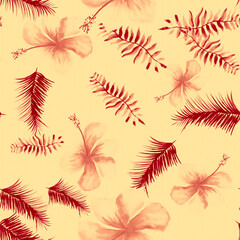 Fototapeta na wymiar Brown Tropical Design. Pink Seamless Textile. Scarlet Pattern Hibiscus. Coral Drawing Art. Red Flower Exotic. Gray Wallpaper Design. Decoration Leaves.