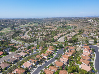 Fototapeta na wymiar Aerial view of middle class big villas in Carlsbad valley, North County San Diego, California, USA.