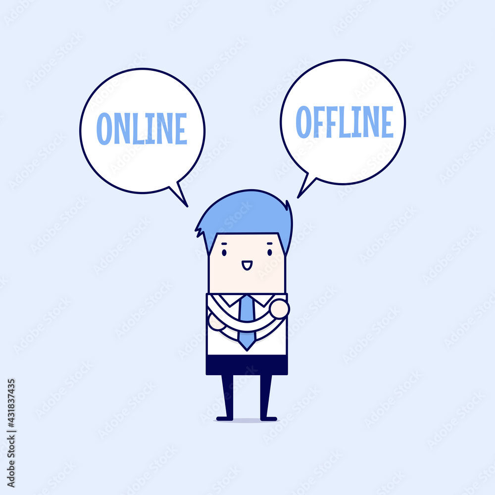 Poster Businessman standing confuse to choose between two option online or offline. Cartoon character thin line style vector.