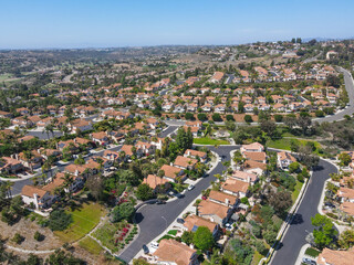 Aerial view of middle class big villas in Carlsbad valley, North County San Diego, California, USA.