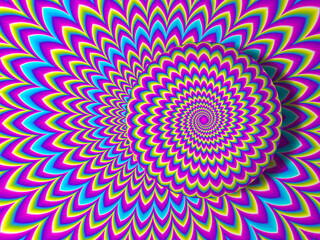 Colorful rainbow background with growing sphere. Optical expansion illusion.