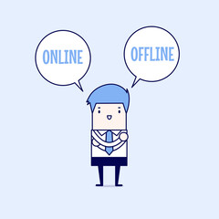 Businessman standing confuse to choose between two option online or offline. Cartoon character thin line style vector.