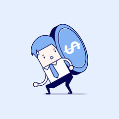 Businessman carrying big and heavy gold coin on his back. Cartoon character thin line style vector.