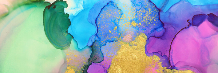 art photography of abstract fluid painting with alcohol ink, blue, green, pink and gold colors