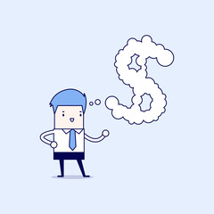 Businessman thinking about money. Cartoon character thin line style vector.