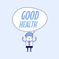 Businessman standing with good health word balloon, healthy lifestyle concept. Cartoon character thin line style vector.
