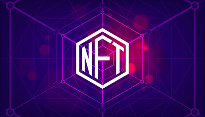NFT symbol non fungible token on purple background. Pay for unique collectibles in games or art. Simple futuristic modern geometric connection line background.