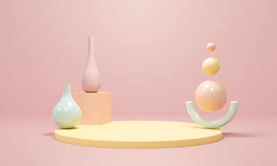 3d rendering of vase pot and stage podium stand on pastel background abstract.