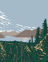 WPA Poster Art of Skilak Lake on the Kenai Peninsula fed by meltwater from Skilak Glacier located in Kenai Fjords National Park in Alaska done in works project administration style.