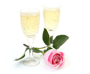 wine glass and pink rose on white background