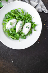 fresh green salad quenelle cream cheese lettuce leaves cuenelle mix diet vegan vegetarian food meal snack copy space food background rustic. top