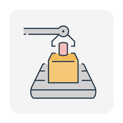 Robot, production line vector icon. Consist of robot hand, arm, product, box packaging, conveyor belt and machine. Automation engineering technology for industry i.e. assembly, manufacturing, process.