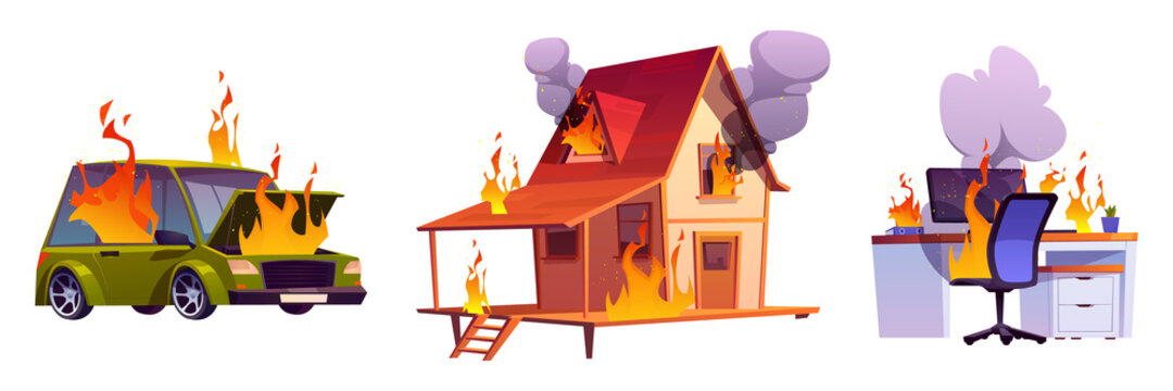 House on fire, burning car and computer on table. Objects with flame and clouds of black smoke isolated on white background. Concept of disaster, accident, danger. Vector cartoon set