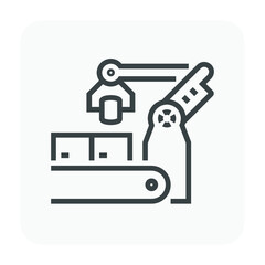 Robot, production line vector icon. Consist of robot hand, arm, product, box packaging, conveyor belt and machine. Automation engineering technology for industry i.e. assembly, manufacturing, process.