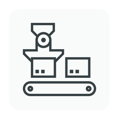 Robot, production line vector icon. Consist of robot hand, arm, product, box packaging, conveyor belt and machine. Automation engineering technology for industry i.e. assembly, manufacturing, process.