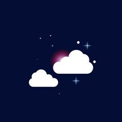 white cloud logo, moon and stars on dark background