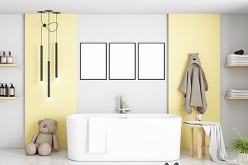 mock up frame yellow a4 kids bathroom, bathroom interior  background, 3d render 