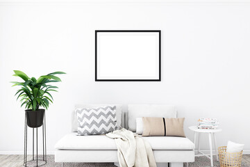 Poster mockup in white cozy living room, interior background, 3d render.