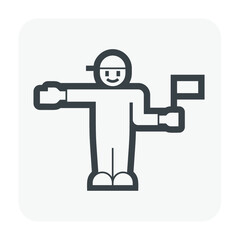 Man worker character vector icon. Human cartoon, person or attendant hold dispenser for refueling service of power energy or petroleum product i.e. oil, gasoline, benzine to car, automobile or vehicle