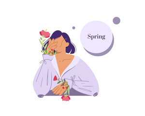 Stylized cartoon girl character with flowers. Fashionable spring illustration for March 8. International Women's Day. Portrait of a girl in a beautiful blouse with flowers in her sleeves