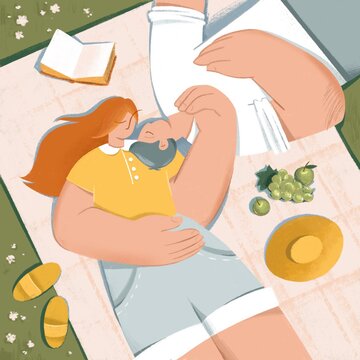 A guy and a girl on a picnic, lie in the park on a blanket. Nearby are fruits, a book and slippers. Sunny bright illustration with cartoon characters. Love and calmness, hugs.
