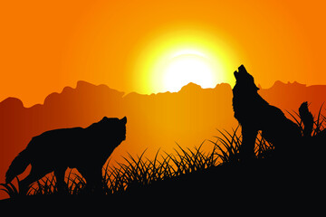 Naklejka na ściany i meble Silhouette illustration of wolf and deer in mountain