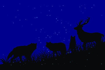 Silhouette illustration of wolf and deer in mountain