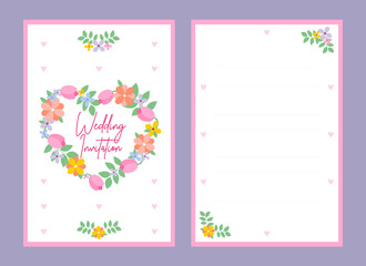 Summer wedding invitation card with hearts, leaves, tulips and other flowers. The concept of a wedding invitation. Flower poster. Vector decorative greeting card or invitation background design