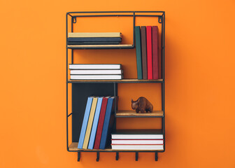 Shelf with books on color background