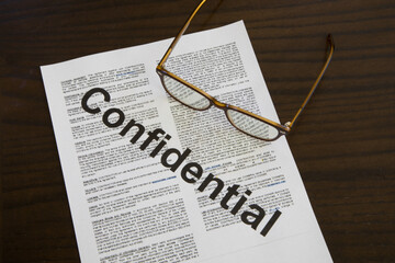 Confidential paper document and eye glasses on wooden table