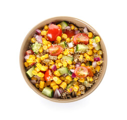 Bowl with tasty quinoa salad on white background