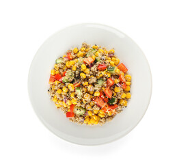 Plate with tasty quinoa salad on white background
