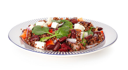 Plate with tasty quinoa salad on white background