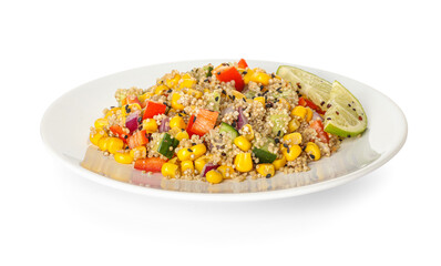 Plate with tasty quinoa salad on white background