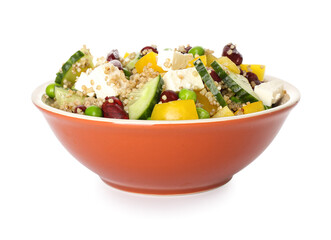 Bowl with tasty quinoa salad on white background