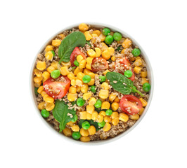 Bowl with tasty quinoa salad on white background
