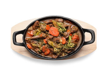 Tasty beef stroganoff with vegetables on white background