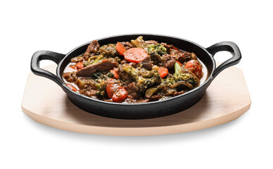 Tasty beef stroganoff with vegetables on white background